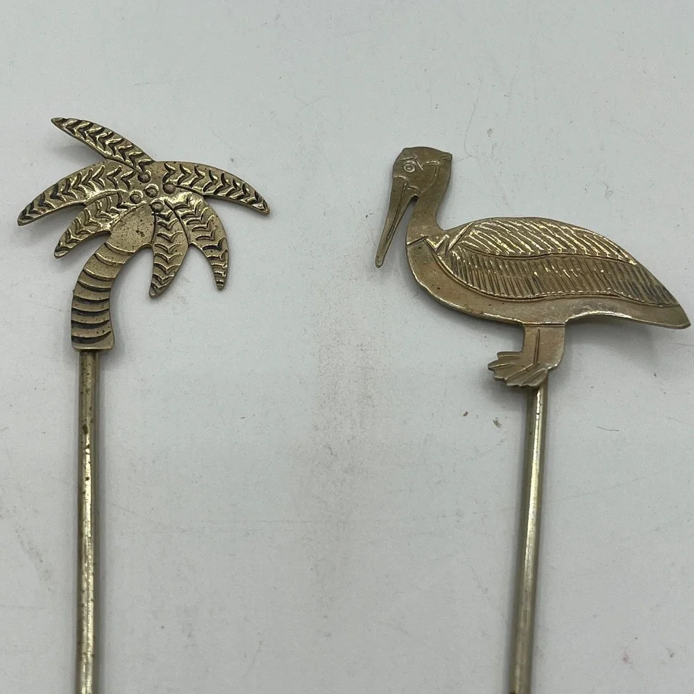 Vintage Brass Nautical Cocktail Swizzle Sticks Set of 6 Mermaid Tropical Coastal